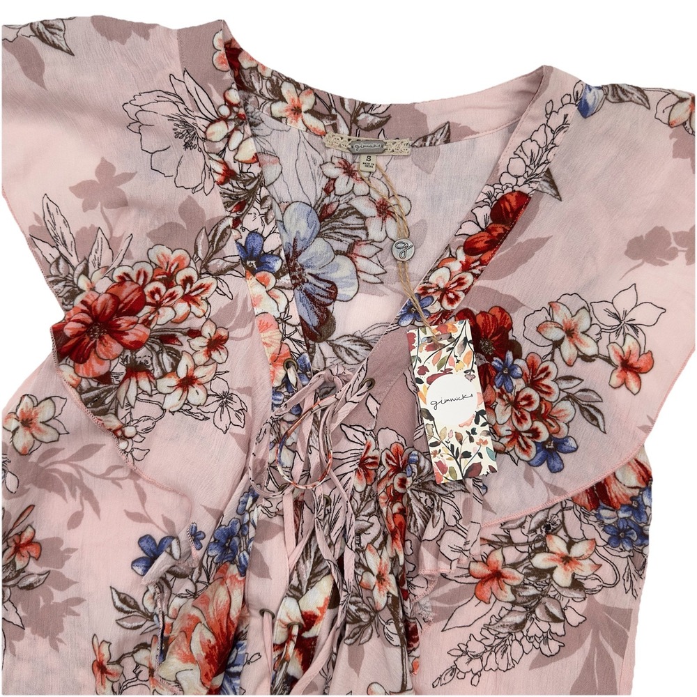 Gimmicks BKE Pink Floral Ruffle Lace Up V-Neck Top Womens Small GMKR18525 NEW